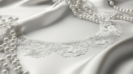 Elegant white lace and pearls draped on luxurious silk fabric. A classic, timeless background perfect for weddings and beauty.