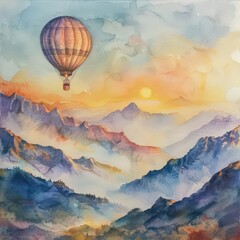 watercolor hot air balloon over misty mountains soft pastels on balloon .