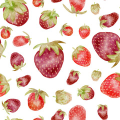 Seamless watercolor pattern of red strawberries with green leaves, painted in kids style. Perfect for food packaging, fabric design, kitchen decor, cosmetics, and summer-themed products.