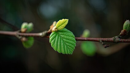 Close-up of new spring leaves.  Emerging leaves on branch