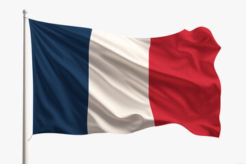 A waving French flag on a white flagpole against a plain white background