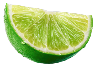 Close-up of a lime wedge, glistening with water droplets.  Its vibrant green skin transitions to a pale yellow-green inner flesh, revealing intricate texture
