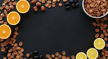 Healthy breakfast ingredients arranged on a dark background, featuring oranges, lemons, nuts, and cereal