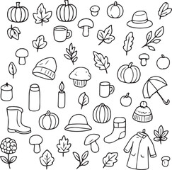 Hand-drawn autumn doodle vector set with seasonal elements: leaves, acorns, mushrooms, berries. Perfect for fall patterns, rustic decor, invitations, and botanical illustrations.