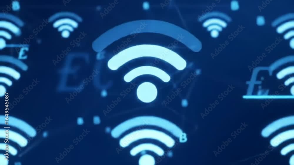 Poster a vibrant digital illustration showcases a network of interconnected wireless internet symbols, repr