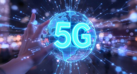 Businessman Pressing on the world of 5G, concept of future technology 5G network wireless systems and internet of things.