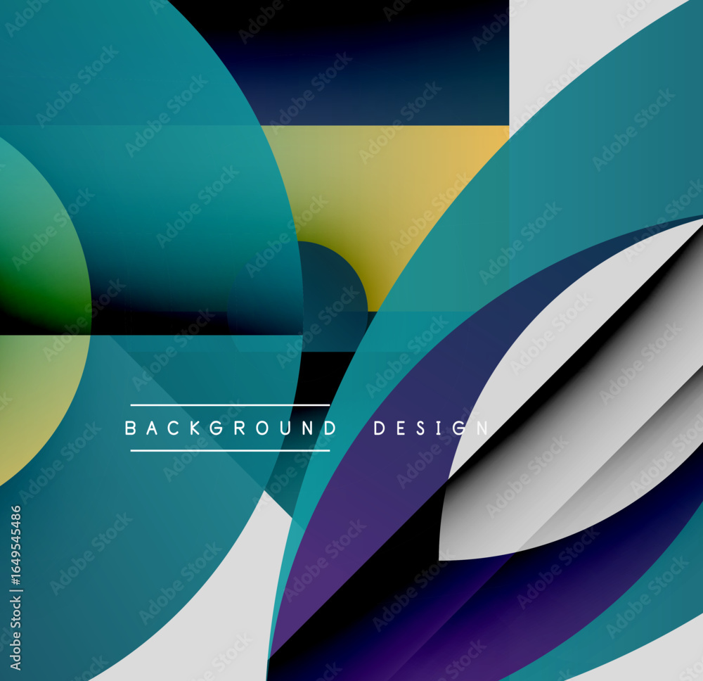 Poster abstract geometric shapes overlap, creating dynamic color gradients. modern design features teal, pu