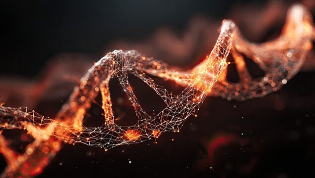 A glowing, abstract representation of DNA.  A double helix structure, composed of interconnected points of light, is set against a dark background.  - Powered by Adobe