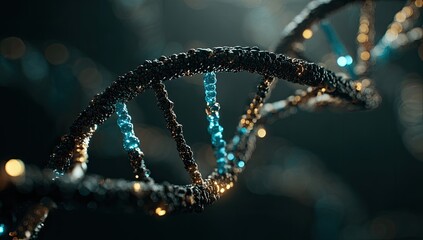 3D DNA helix, dark backdrop, glowing elements