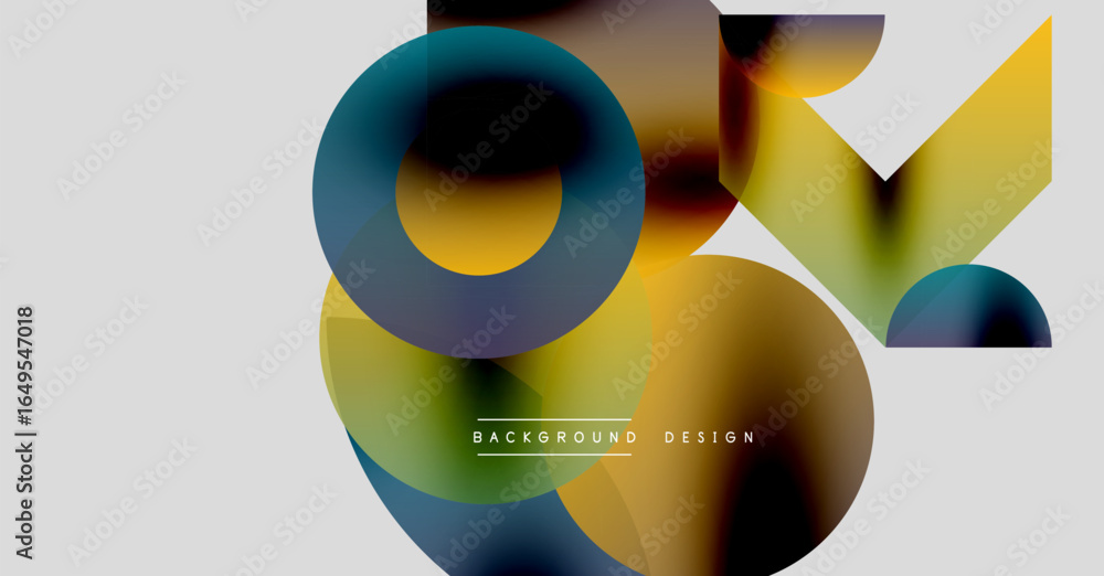 Poster abstract geometric shapes overlap, creating vibrant color gradients. design features circles, triang