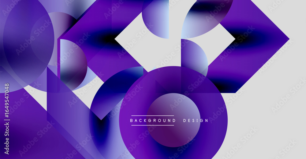 Poster Abstract purple design features geometric shapes. Circles, squares overlap creating dynamic visual effect. Modern background texture.