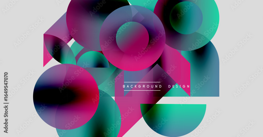 Poster abstract vibrant circles, squares overlap. gradient colors create modern design. background text rea