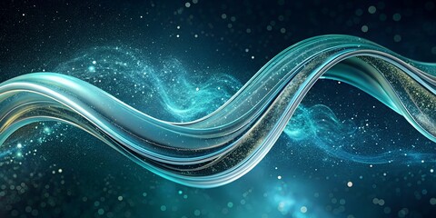 Abstract teal wave with sparkling particles against a dark cosmic background scene design abstract background. 3d render
