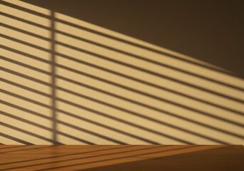 Warm sunlight streams through blinds creating inviting shadow patterns on a textured wall and wooden floor
