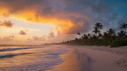 Obraz premium Tropical Beach with Golden Sunrise Sky and Palms Reflected in Wet Sand