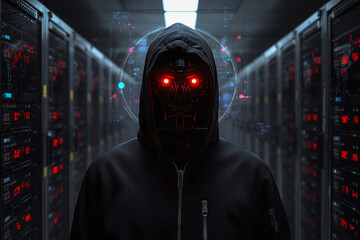 Suspect white AI robot wear hood jacket standing in data center server modern office working room in concept of cyber security hacking risk and privacy leak in cloud computing technology solution