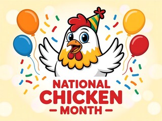 Naklejka premium Joyful cartoon chicken celebrates national chicken month with balloons and confetti
