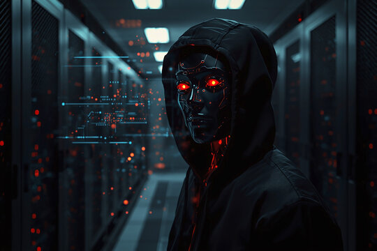 Suspect white AI robot wear hood jacket standing in data center server modern office working room in concept of cyber security hacking risk and privacy leak in cloud computing technology solution