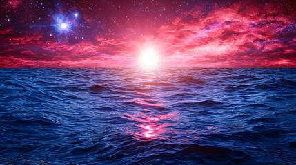 Obraz premium Serene sunset over a calm ocean creating a beautiful reflection of colors on the water's surface