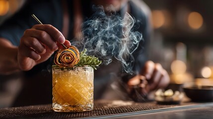 A professional bartender garnishing a craft cocktail with a smoked herb or dehydrated fruit spiral
