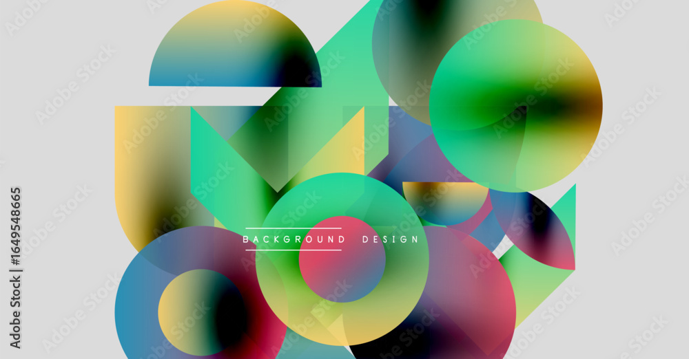 Poster abstract colorful shapes overlap, creating dynamic visual composition. gradient hues blend, forming 