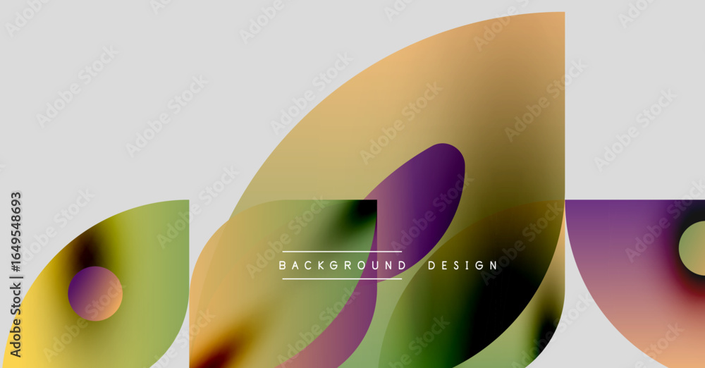 Poster abstract colorful shapes overlap, creating dynamic visual effect. gradient hues blend smoothly, offe