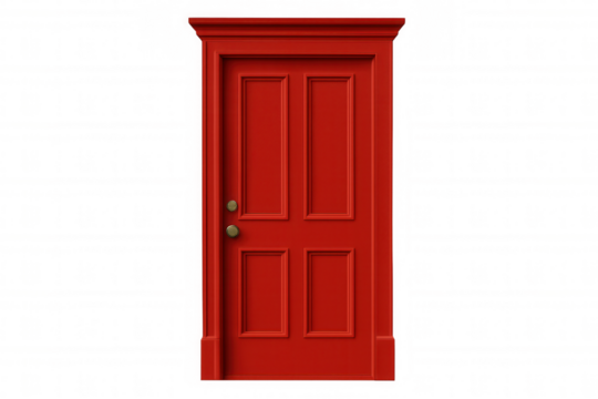 Golden doorknob adorning vintage red door, representing opportunity, transition, and potential waiting behind closed entryway