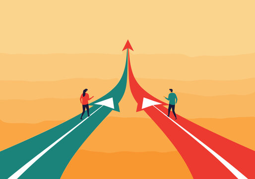 Two individuals moving forward towards a unified shared goal symbolized by converging arrows and upward direction