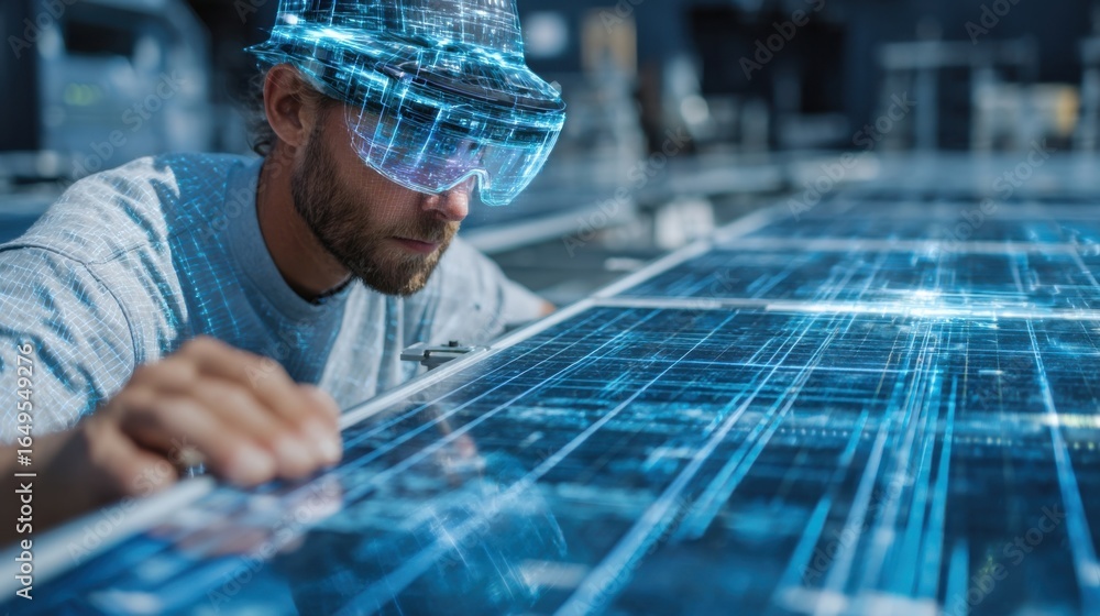 Poster a technician closely examining an array of solar panels checking the systems integration with factor