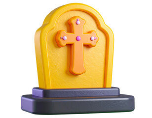  Cartoon Style 3D Tombstone with Cross Icon Isolated on Transparent Background PNG