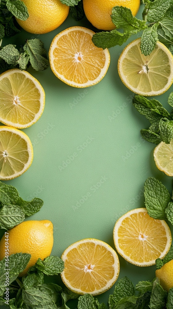 Poster vibrant citrus composition featuring fresh lemons and mint leaves artfully arranged on a soft sage g