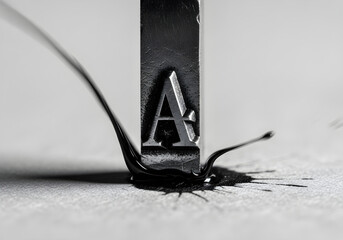 Extreme macro of single typewriter key striking ink ribbon against paper, showing texture of fibers and ink smudge