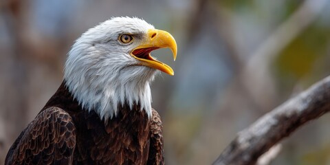 Closeup of Bald Eagle Vocalizing on a Branch