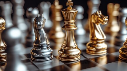 Silver and gold chess teams engaged in an intense competition on the chessboard, showcasing strategy