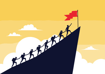 Teamwork and leadership helping each other climb to the summit flag success motivational illustration