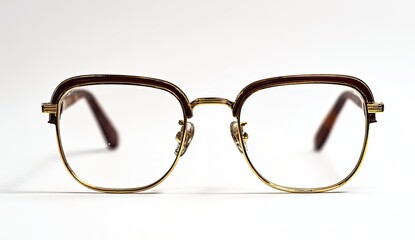 Fototapeta premium Pair of vintage-style eyeglasses, clear lenses, gold-toned frames, and dark reddish-brown temples