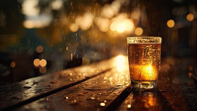 Golden beer glass on a wet wooden table at sunset - Powered by Adobe