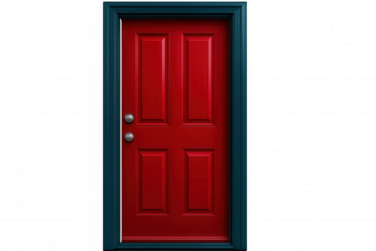 Red wooden door framed in blue, featuring metal handle against transparent background, highlighting architectural detail
