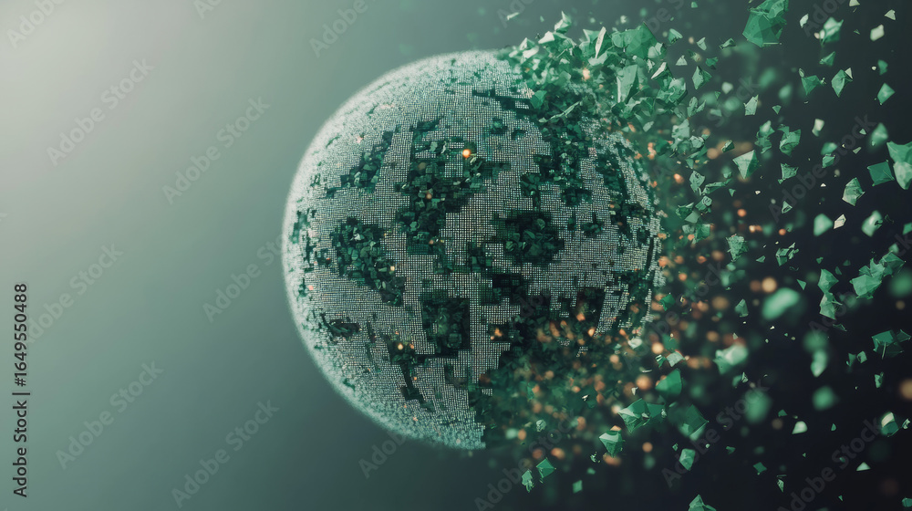 Poster abstract fractured sphere disintegrating into pieces. digital data breakdown and future technology c