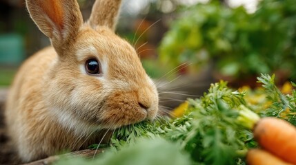 Fototapeta premium Red rabbit munching on fresh carrots and fragrant herbs in a vibrant garden, embodying a natural and wholesome lifestyle amidst lush greenery and blooming flowers