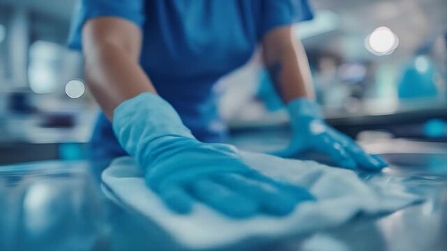 Nurse cleaning medical surface.
