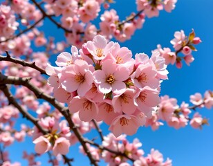 Obraz premium A beautiful spring scene featuring a branch of pink cherry blossom trees in full bloom against a clear blue sky.