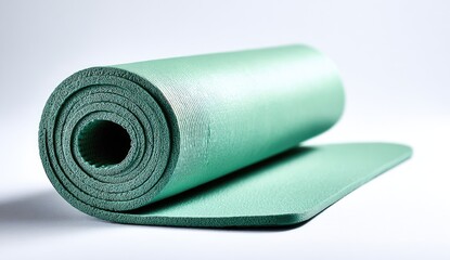 Rolled teal exercise mat on a plain background