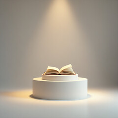 Open book displayed on white pedestal with soft lighting in minimalistic setting