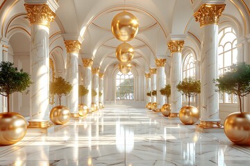 Gleaming golden spheres in royal marble corridor high resolution picture