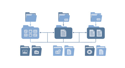 Fototapeta premium File structure diagram with folders, subfolders and organized documents, clean vector style, clear hierarchy, isolated on transparent background.