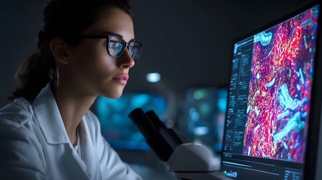 Scientist examining microscopic gut microbiome data on a computer screen