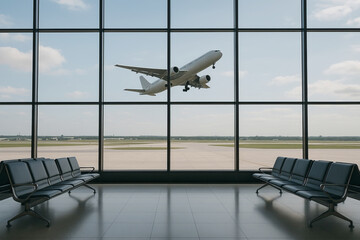   AI-generated image of a plane taking of a runnaway from an airport terminal window