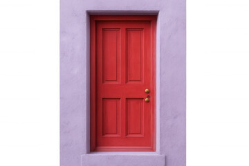 Red wooden door with golden knob standing against vivid purple wall, revealing elegant architectural contrast on transparent background