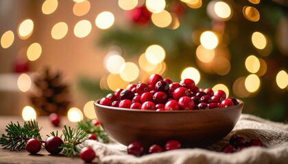 Festive Cranberries in Wooden Bowl with Bokeh Lights and Pine Sprigs
